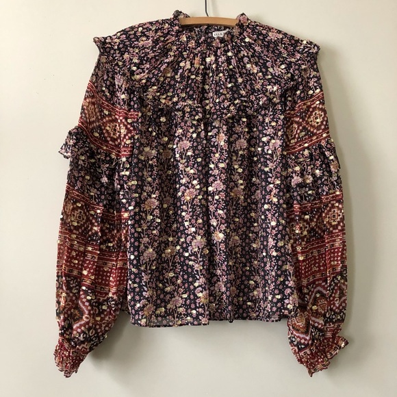 Ulla Johnson Blouse Silk Ruffle Blue Floral Elini - Picture 3 of 11